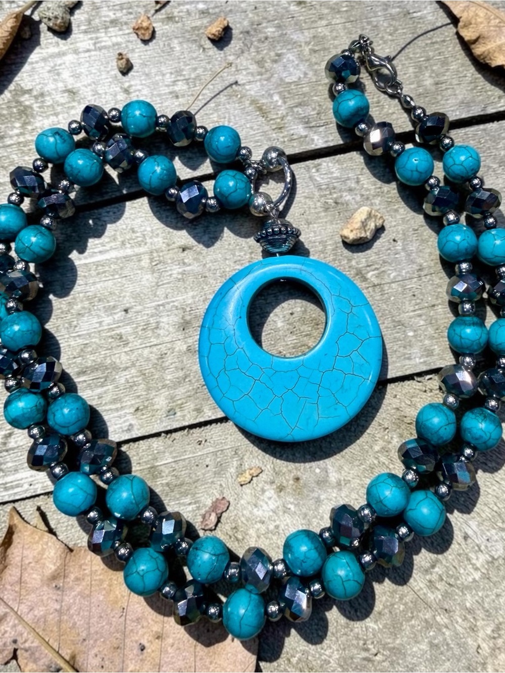 Turquoise Multi-Strand Beaded Necklace with Round Pendant